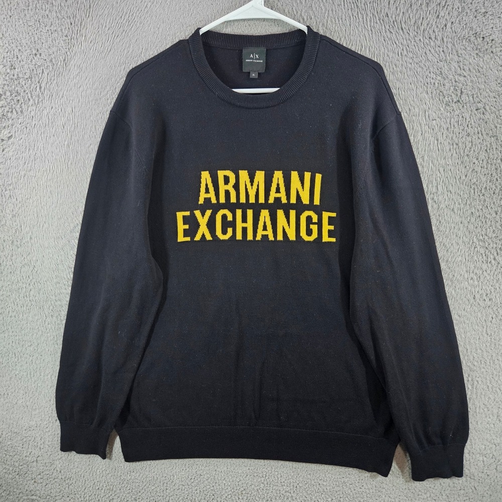 Armani Exchange Mens XL Black Yellow Logo Crewneck Knit Sweater Pullover